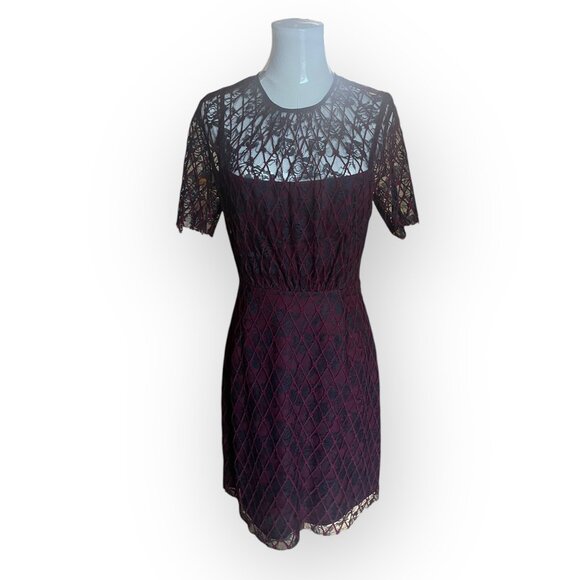 Sandro Paris Burgundy and Black Lace Mini Dress Size 2 - Picture 3 of 11